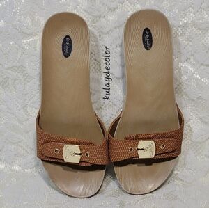 Dr. Scholl’s Women’s Slide Classic Brown Sandals Slip on Gold Buckle Size 7M